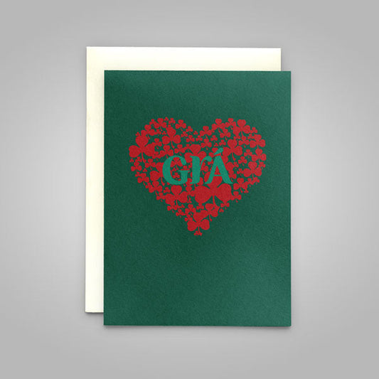 “Grá” (Love)-Shamrock Heart Forest Green and Red Card