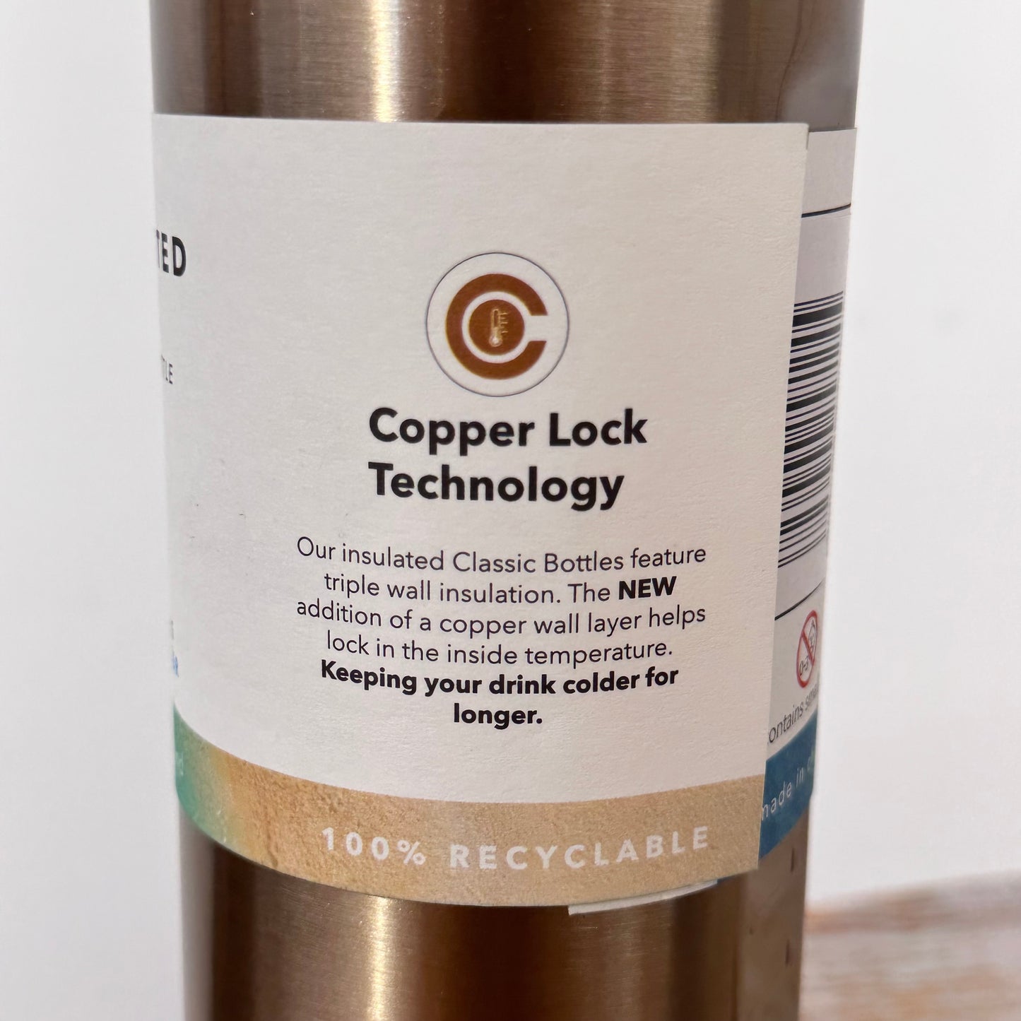 Cheeki Stainless Steel Water Bottle 600ml Insulated, Copper Lock - Champagne
