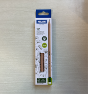 A pack of Milan HB graphite pencils with an eraser, displayed on a white background.