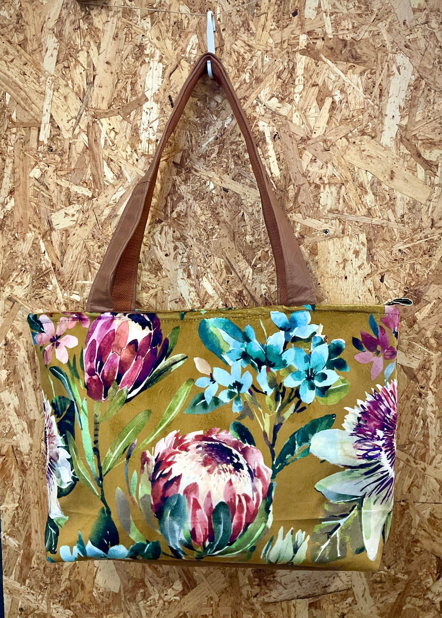 Cycle Up (Roscommon Womens Network) Tote Bag - Brown Leather/Painted Florals/Mustard