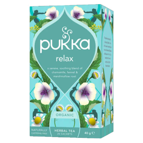 Blue paper box of Pukka's organic Relax tea with floral designs