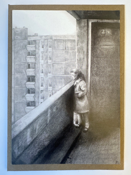 Girl on Ballymun Flat A6 postcard