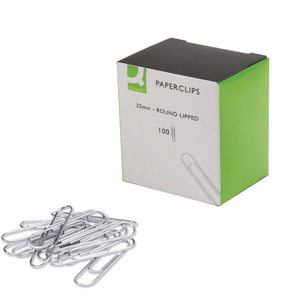 Box of paperclips with a Q-Connect logo on a white background