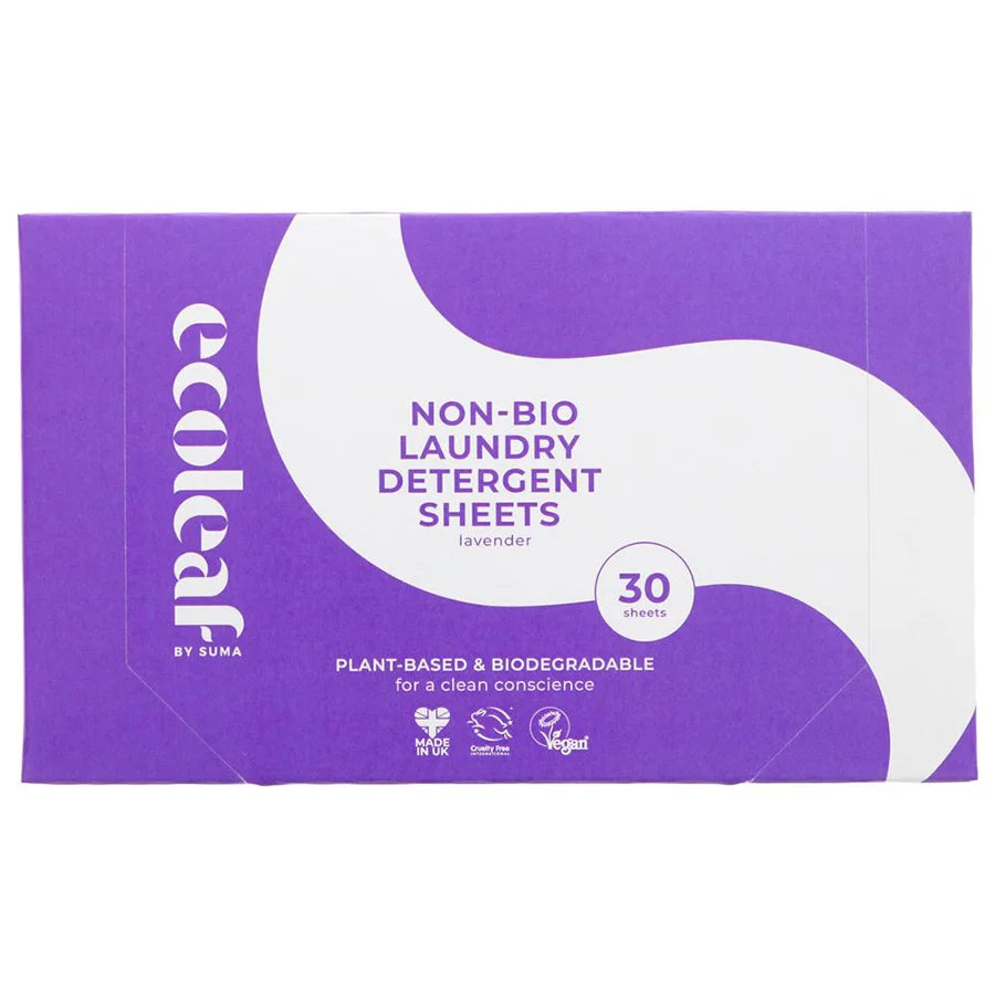 Box of ecoleaf by suma non-bio laundry detergent sheets on a white background