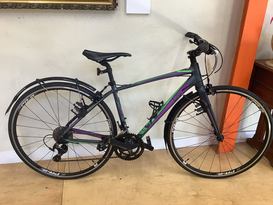 Navy Liv bicycle with green and purple stripes with mudguards