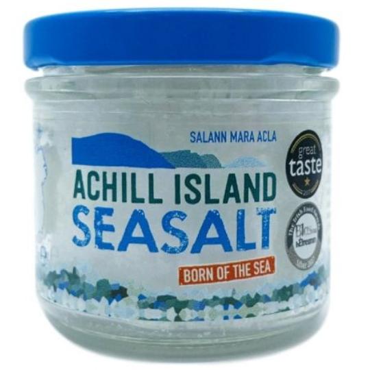 Jar of Achill Island Seasalt with a blue lid on a white background