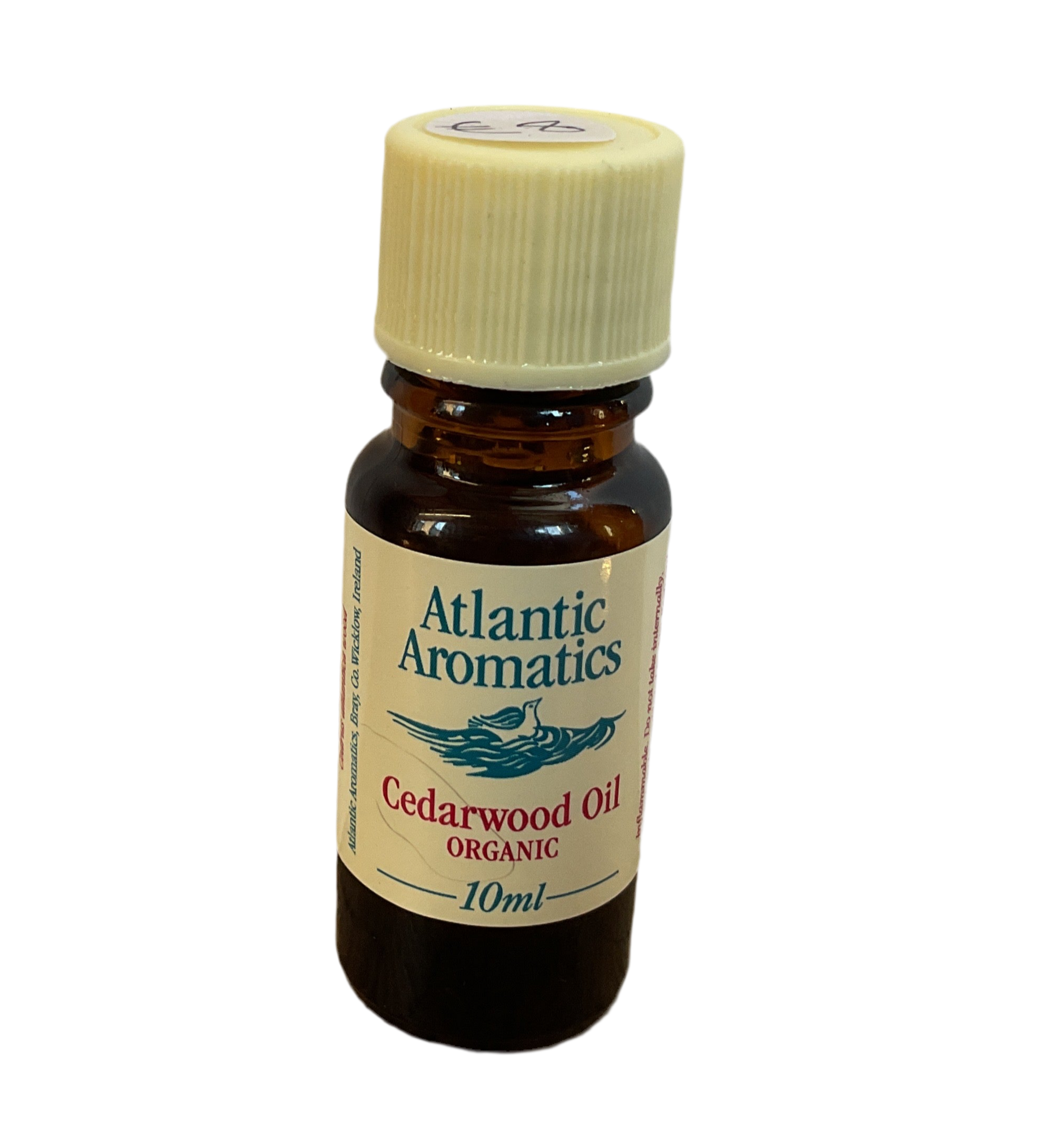 Bottle of Atlantic Aromatics Cedarwood Oil on a white background