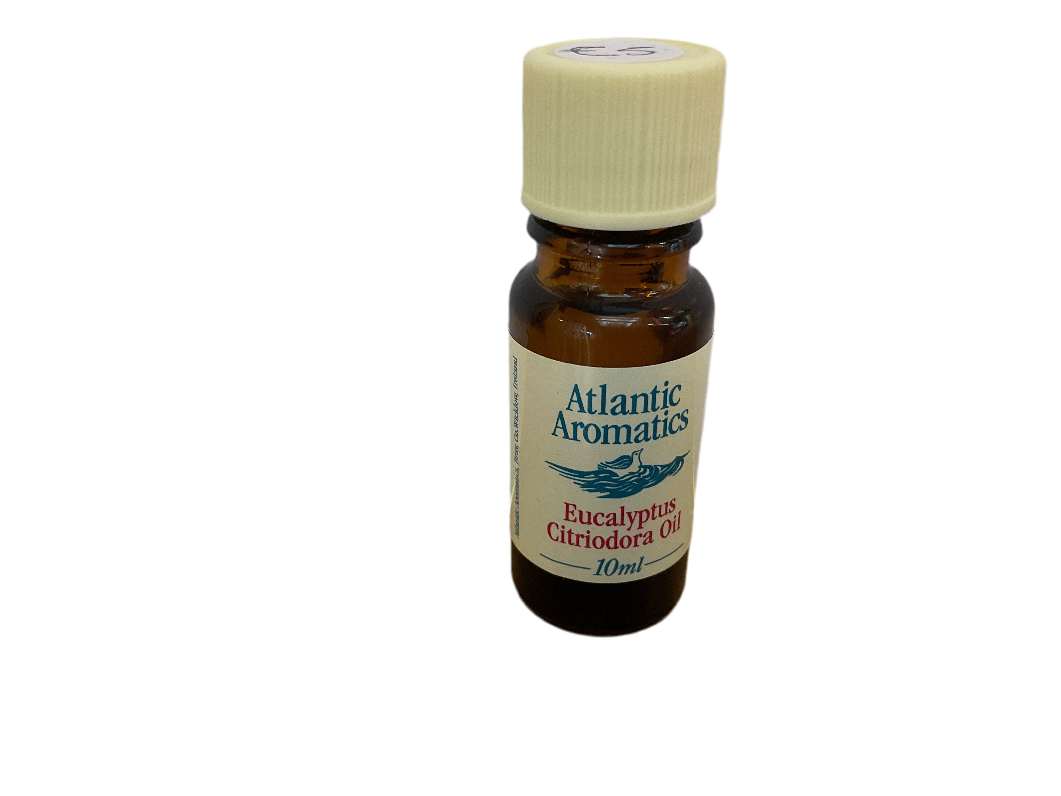 Bottle of Atlantic Aromatics Eucalyptus Citriodora oil on a white background
