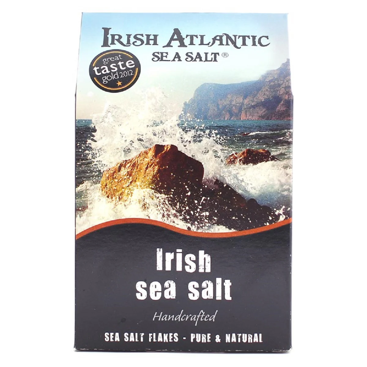 Packaging of Irish Atlantic Sea Salt Flakes with a background image of waves crashing against rocks.