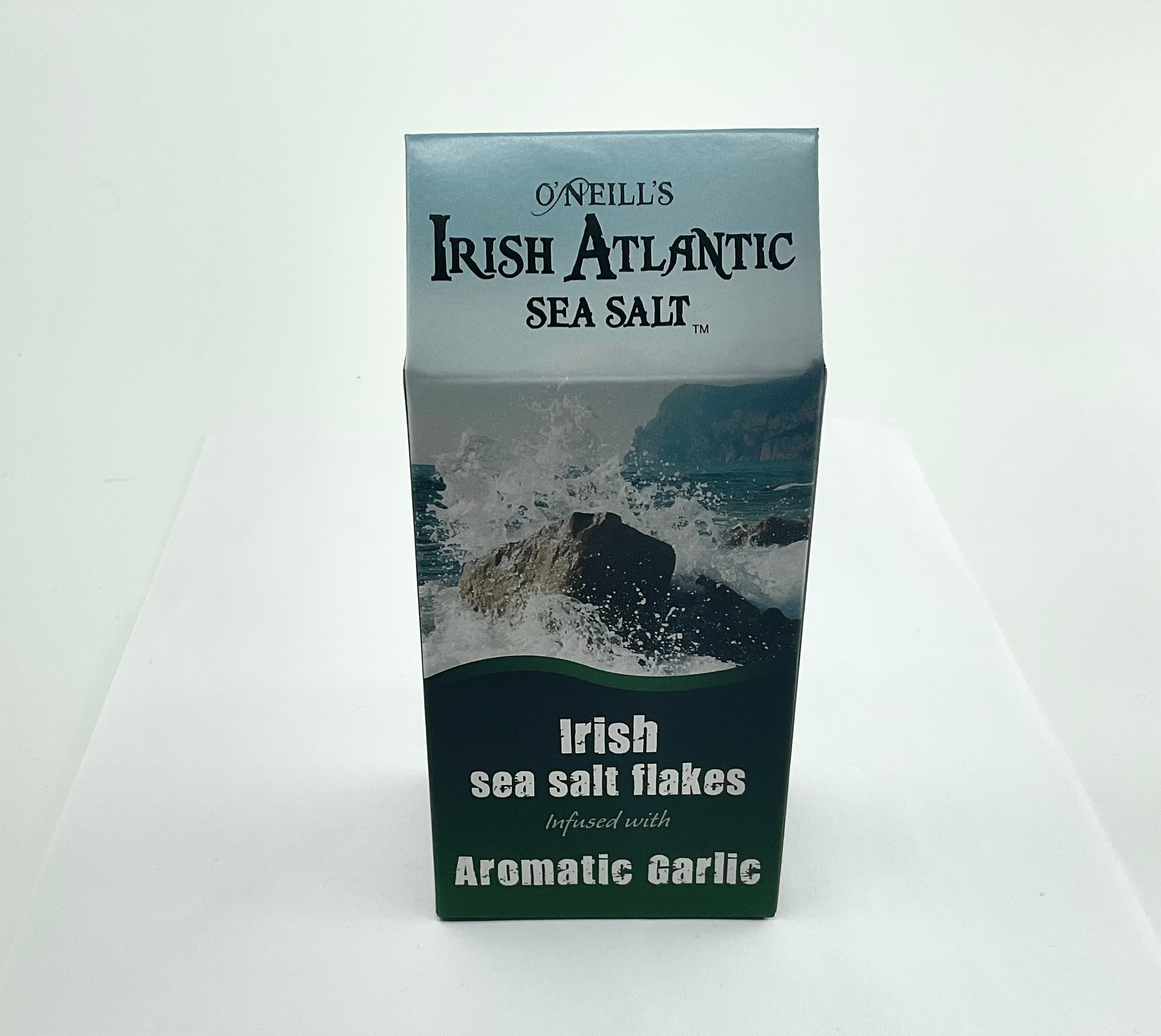 Packaging of O'Neill's Irish Atlantic Sea Salt flakes infused with aromatic garlic, showing the product name and a picture of waves in the ocean.