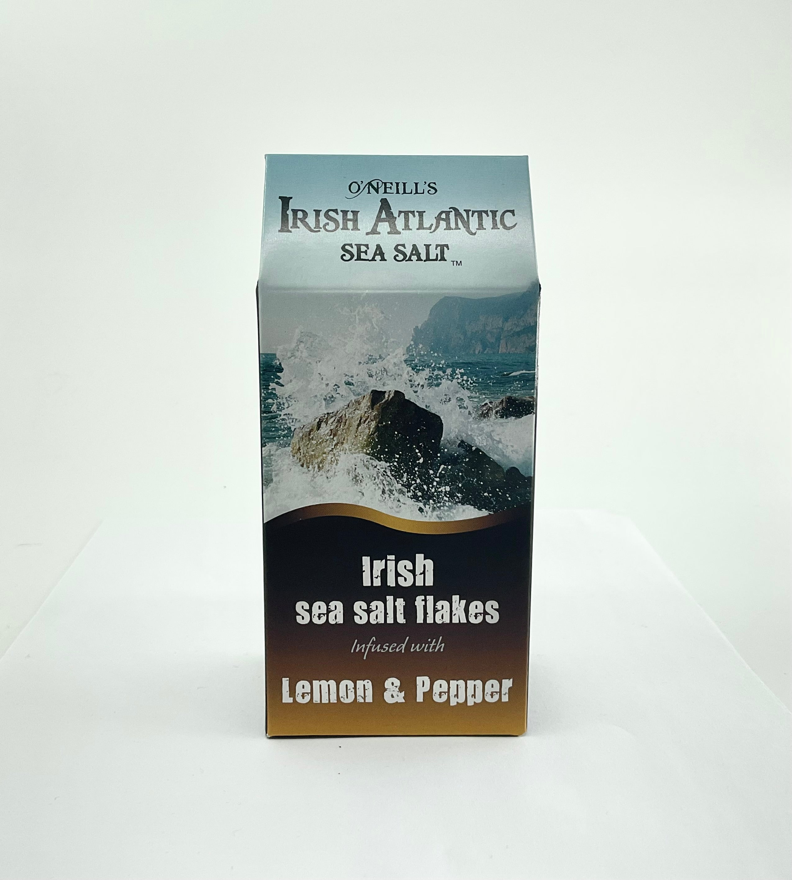 Packaging of 'O'Neill's Irish Atlantic Sea Salt' with a picture of salt flakes on a rock and waves in the background, indicating lemon and pepper flavor.