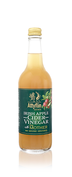 Bottle of Atteflin Irish Apple Cider Vinegar with Mother on a white background