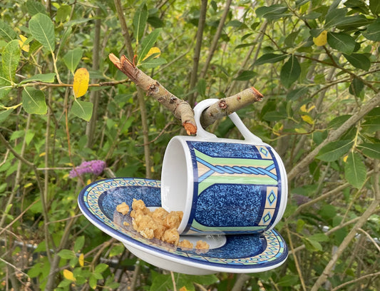 Cup & saucer hanging bird feeder- small