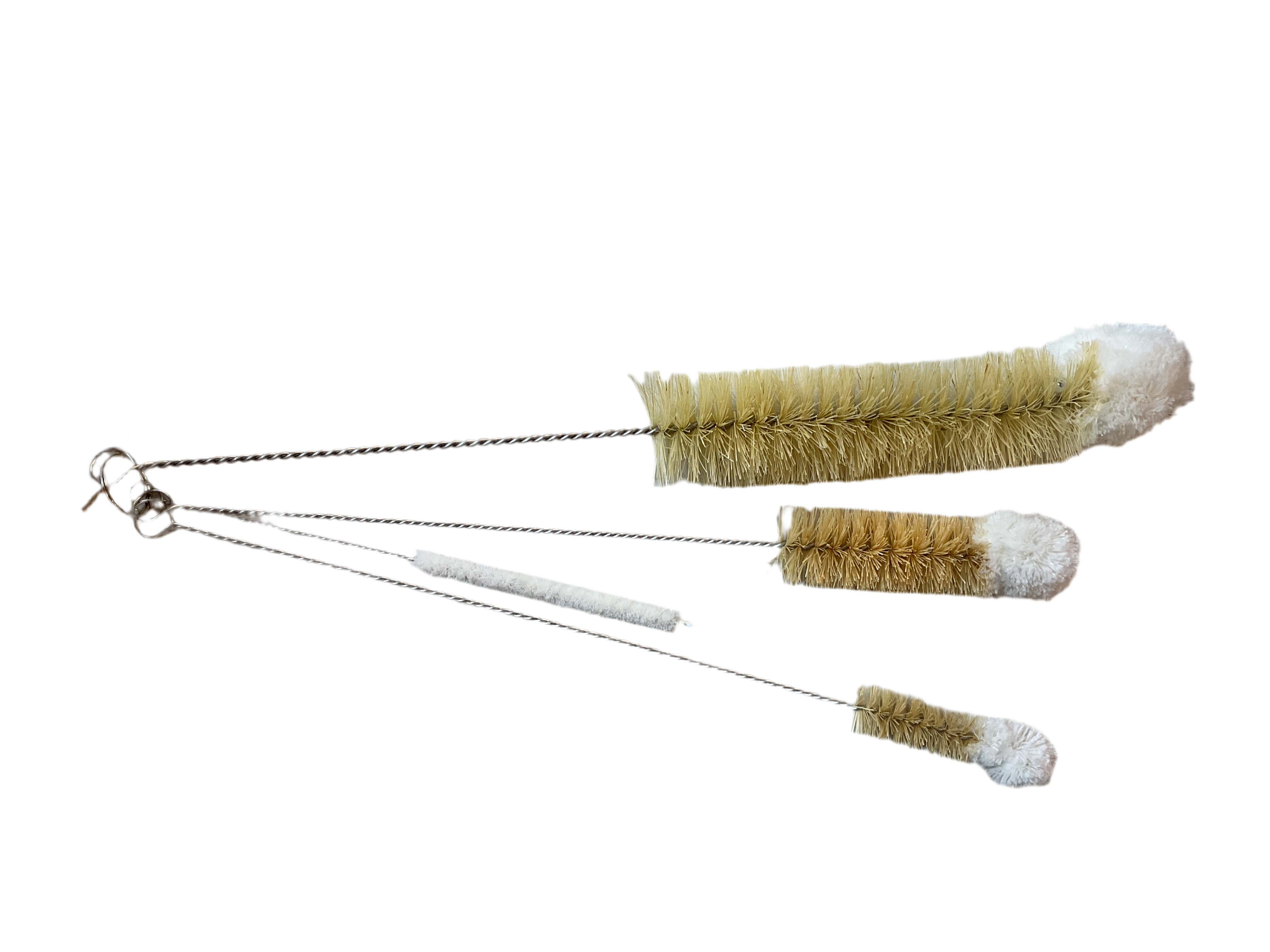 A set of bottle brushes with wooden handles and beige bristles, laid out on a white surface.