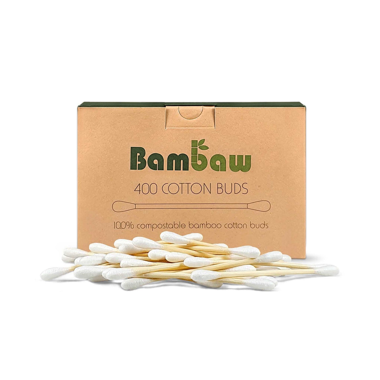 Box of Bambaw cotton buds with compostable bamboo handles on a white background