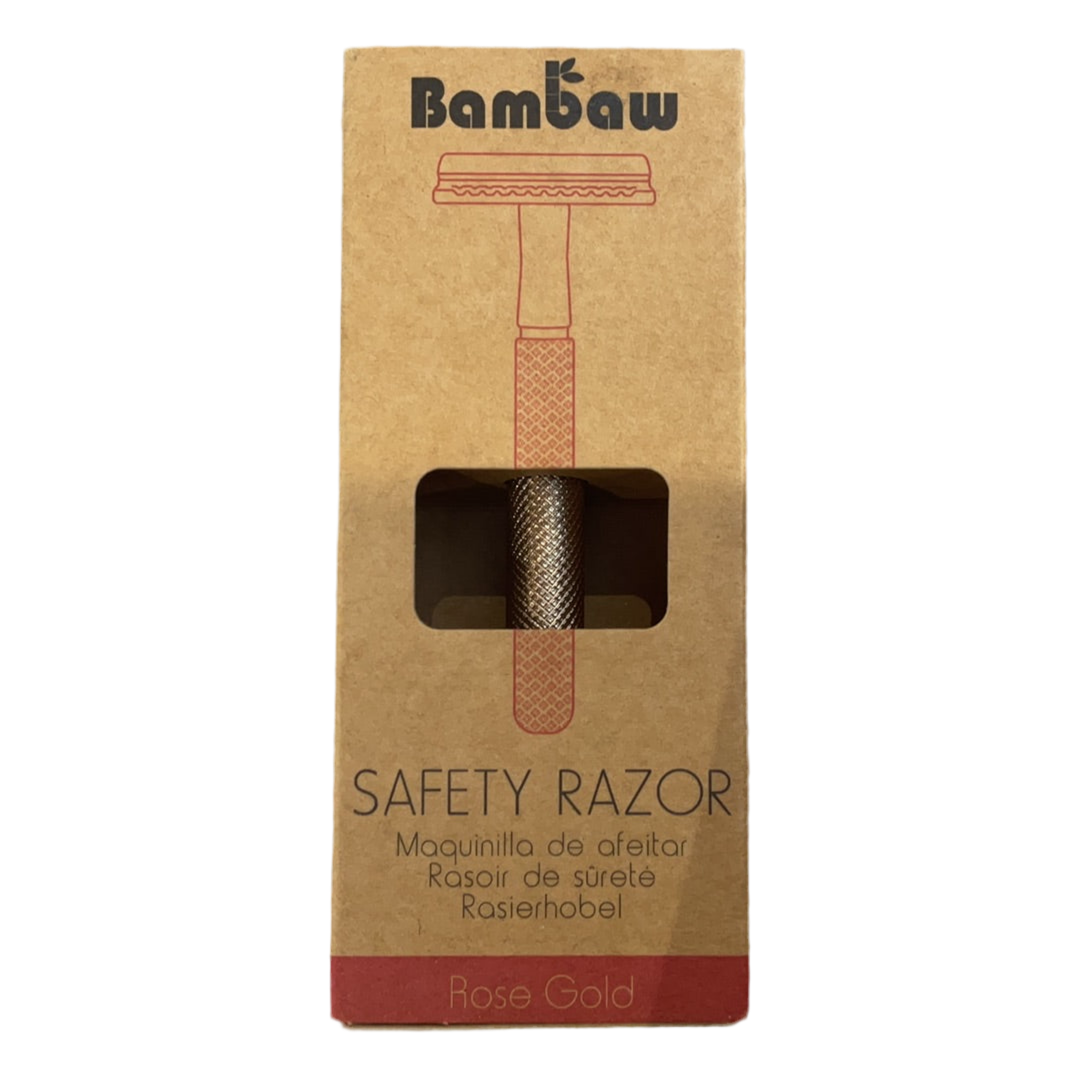 Bambaw safety razor packaging with rose gold razor visible through window