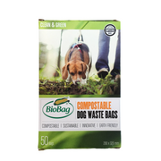 Box of Biobag compostable dog waste bags with a dog and person on a leash in the background.