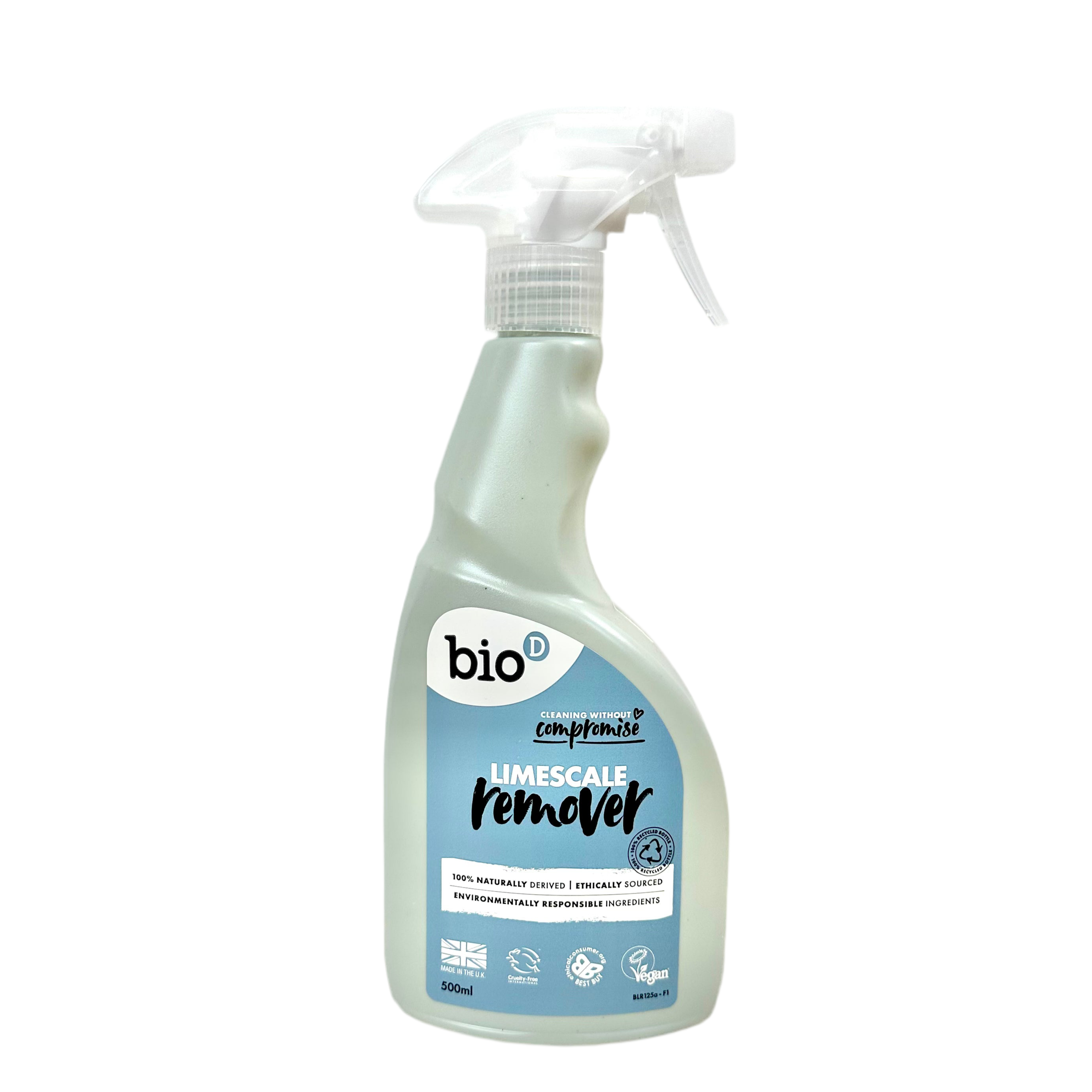 Bottle of bio-d limescale remover on a white background