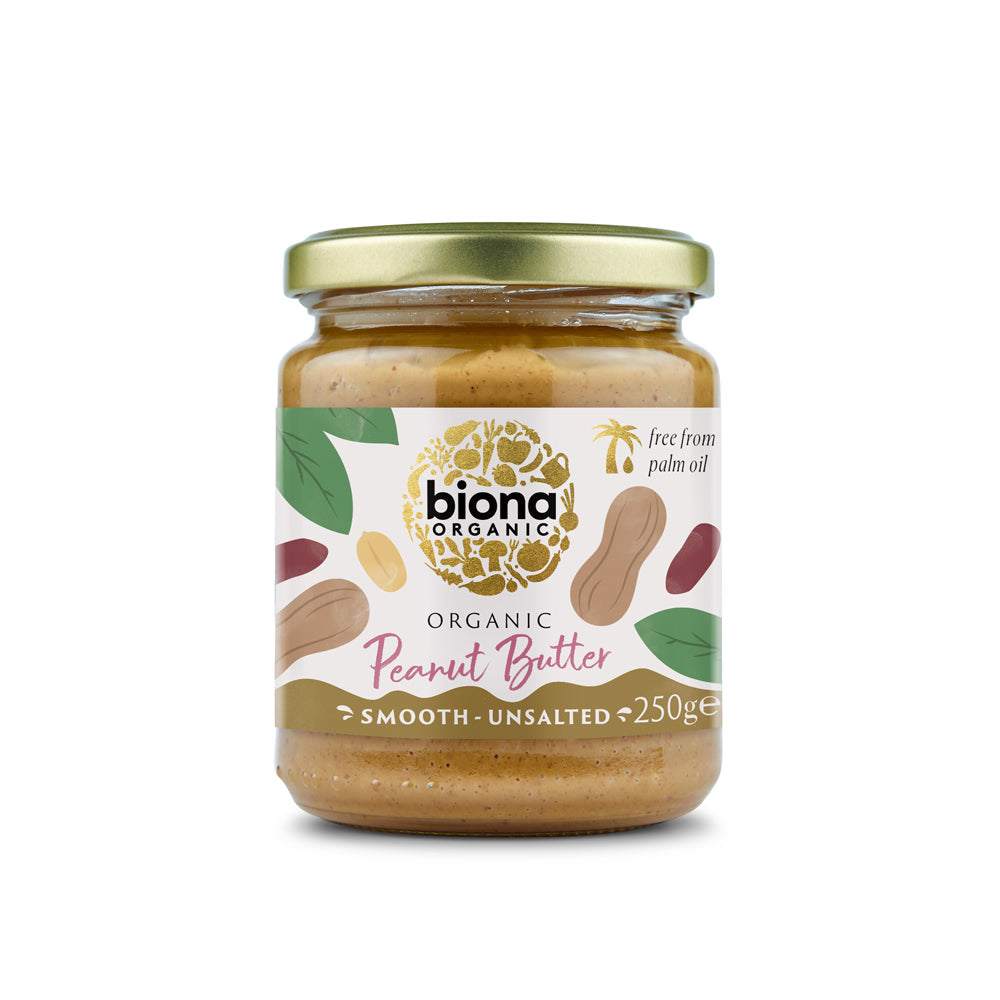 Jar of Biona Organic peanut butter on a white background
