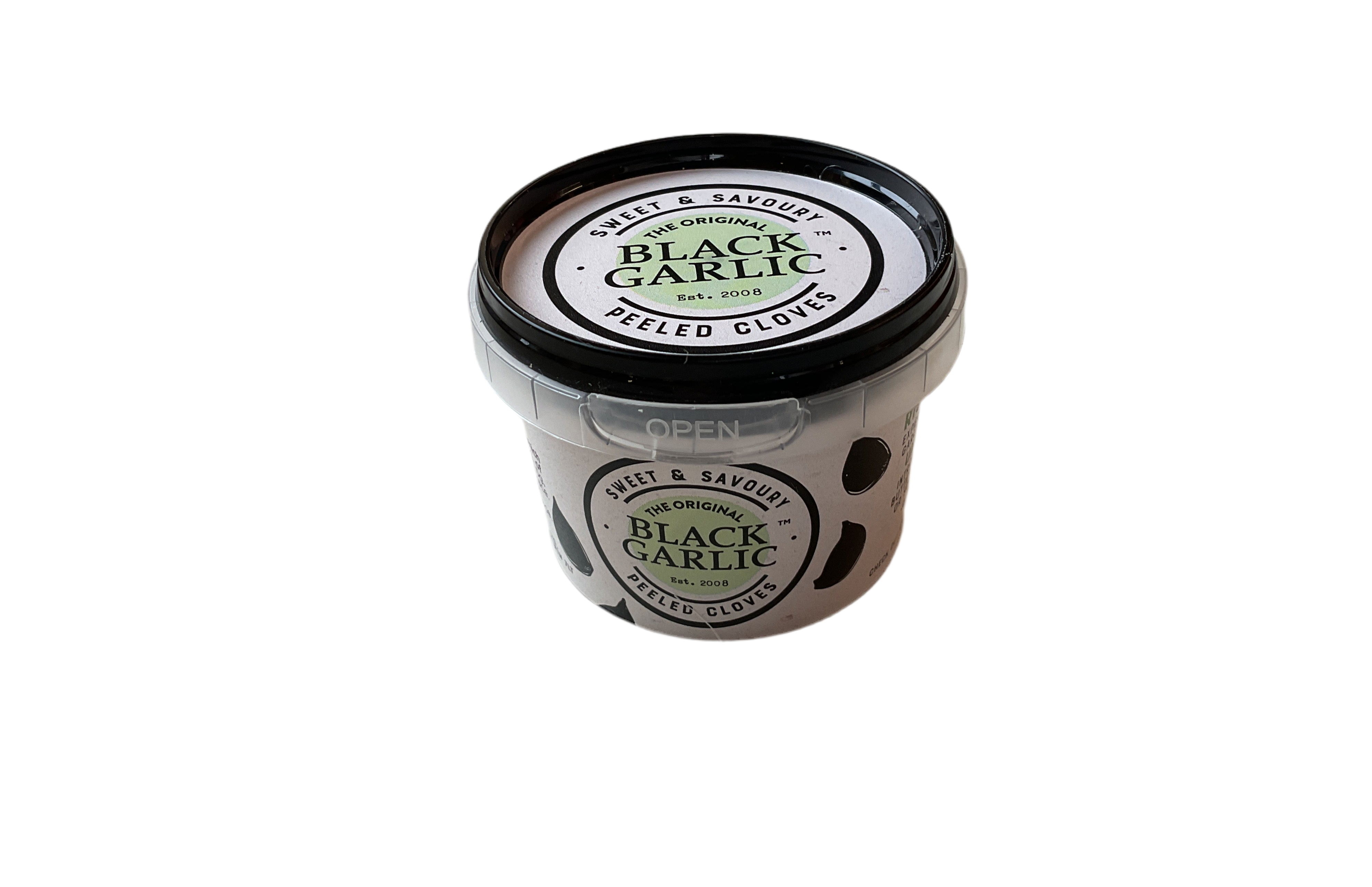 A jar of black garlic with a label that reads 'Black Garlic' on a plain background.