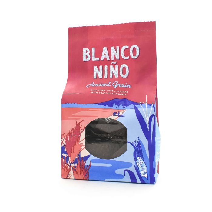 Packaging of Blanco Niño tortilla chips with a red and blue design on a white background