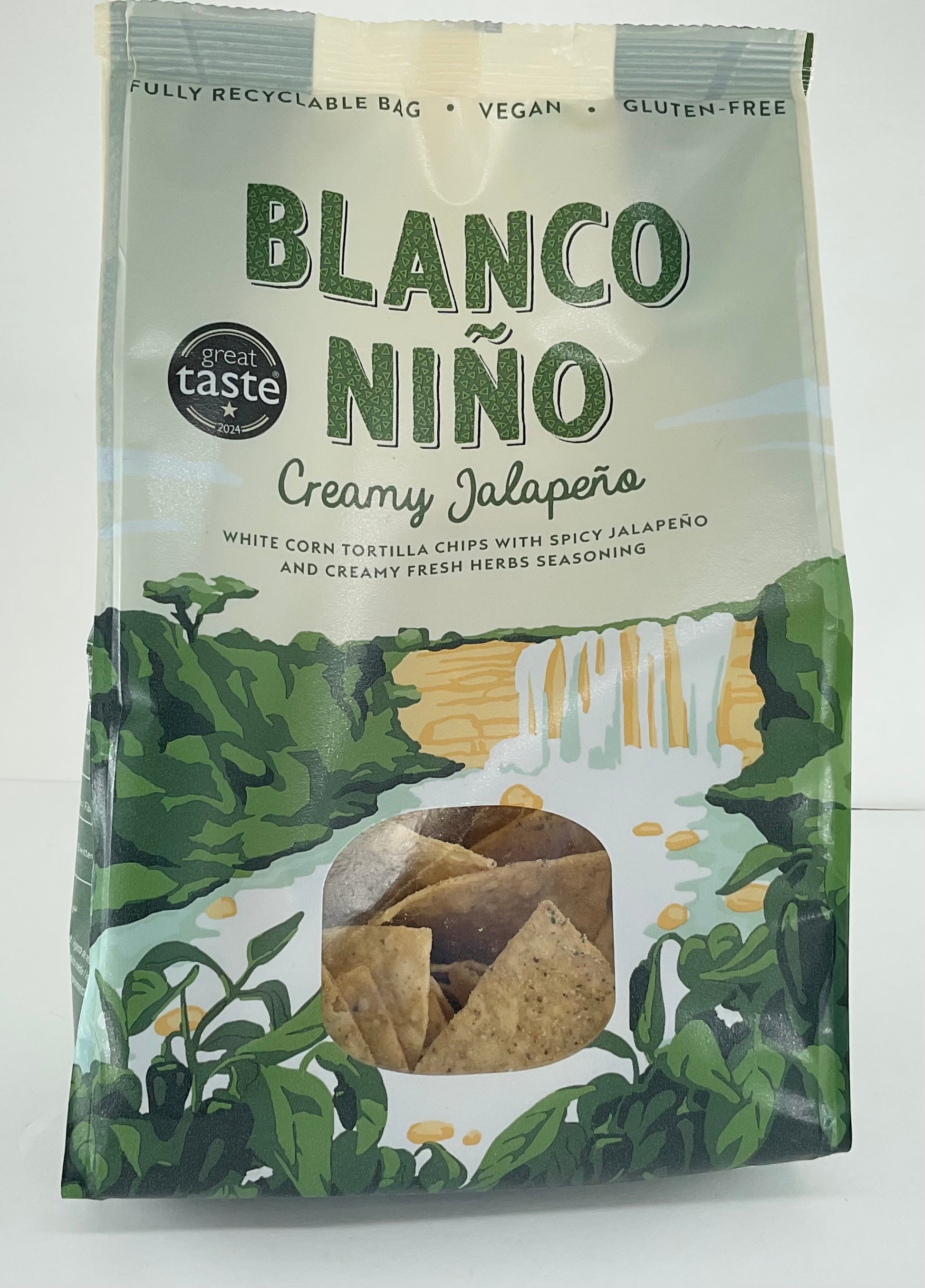 Packaging of Blanco Nino creamy jalapeno tortilla chips with scenic design