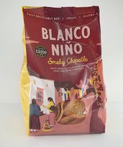 Bag of Blanco Nino Smoky Chipotle tortilla chips on a white background