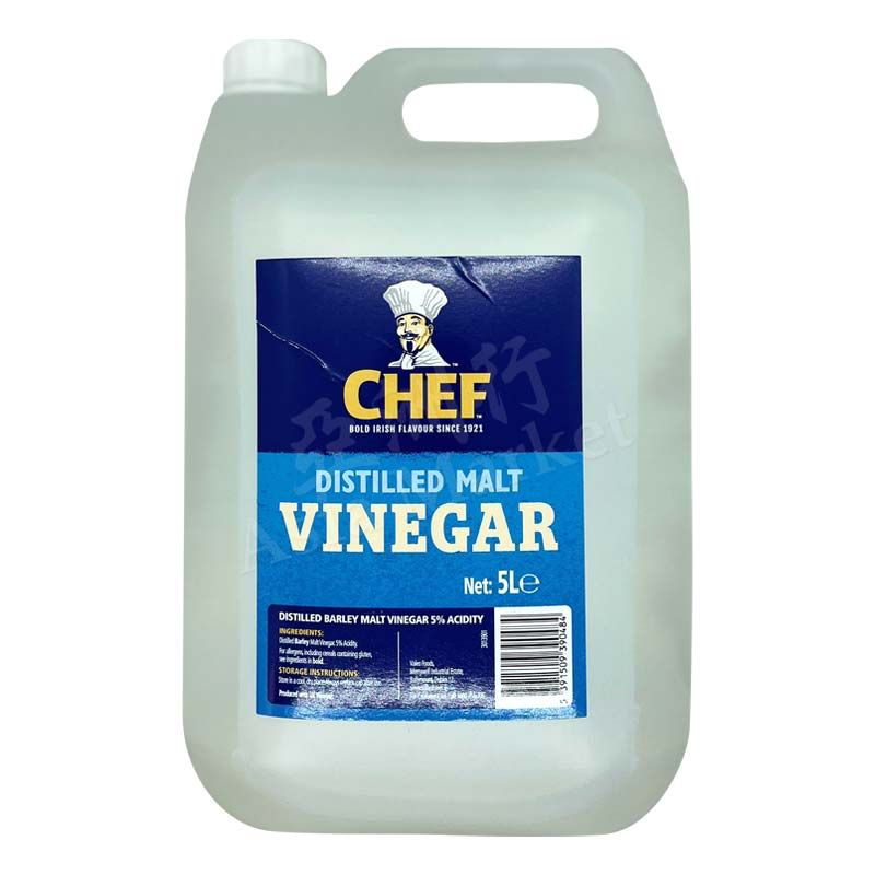 5 liter container of Chef Distilled Malt Vinegar on a white background