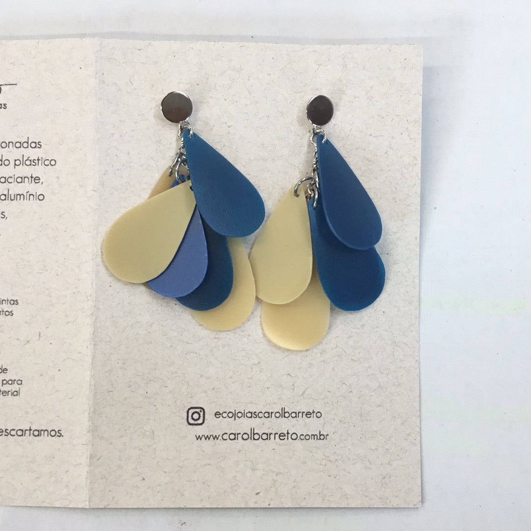 blue and yellow earrings made from shampoo bottles