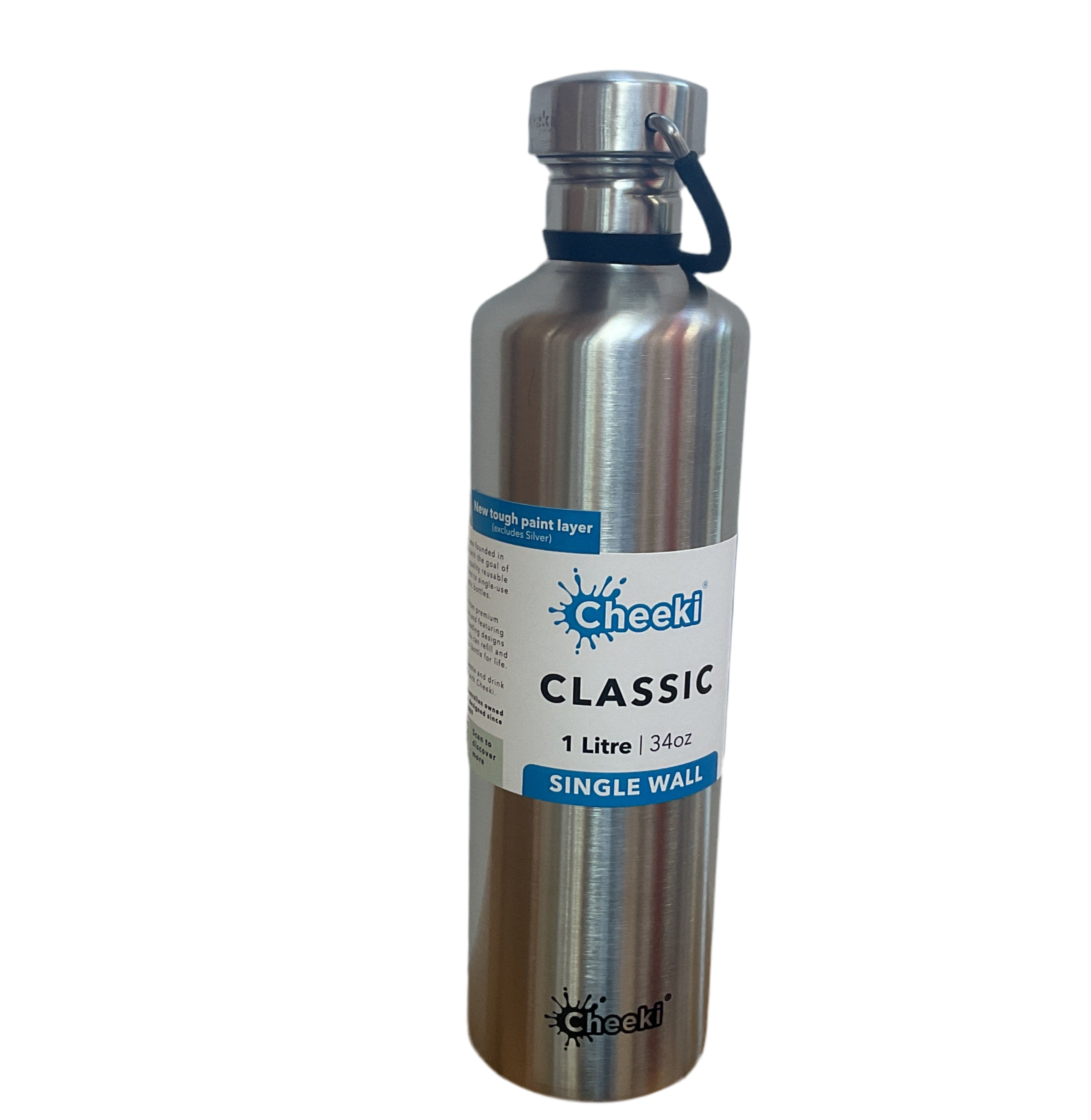 Silver stainless steel water bottle with 'Cheeki' branding on a white background