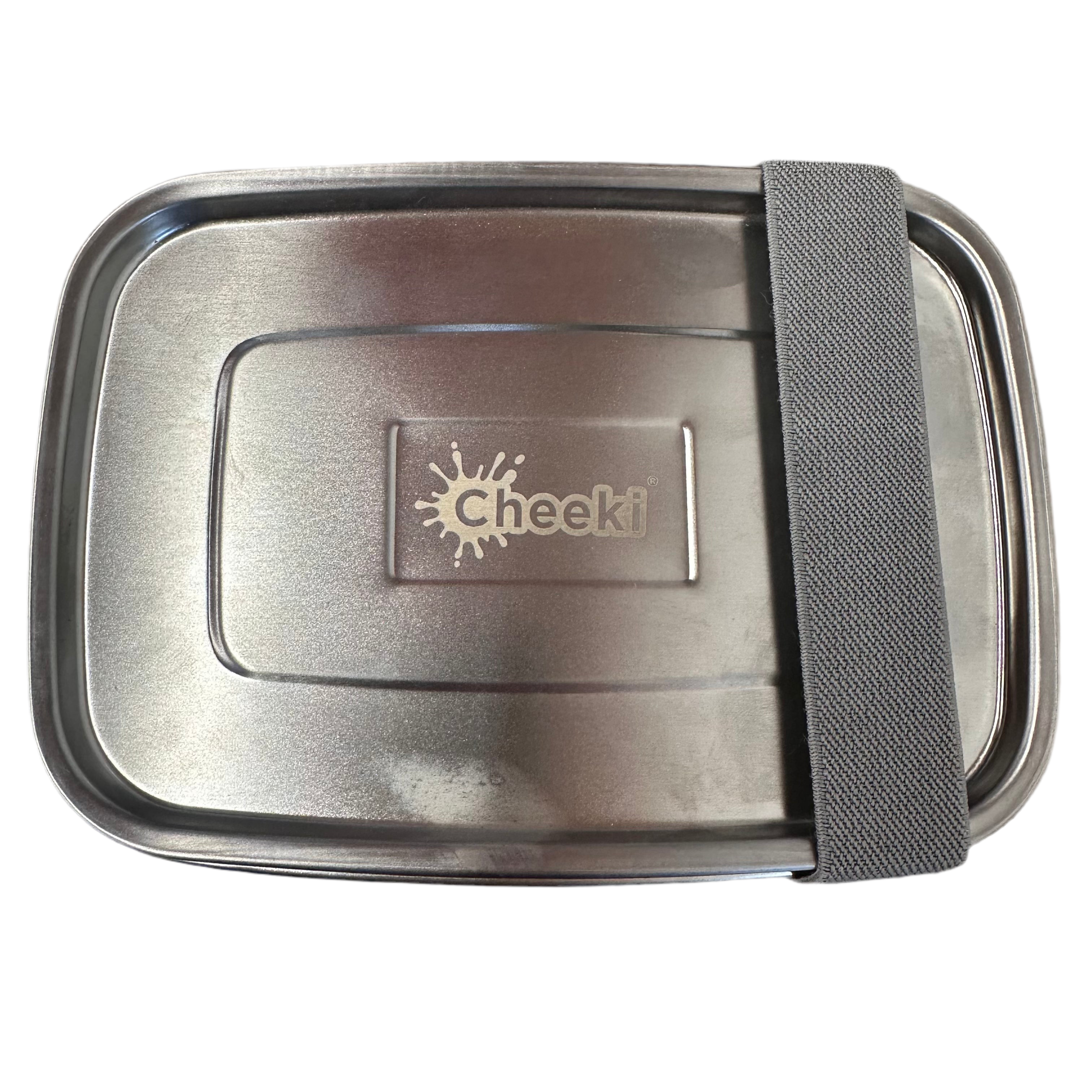Metallic lunch box with a strap and Cheeki logo on a white background