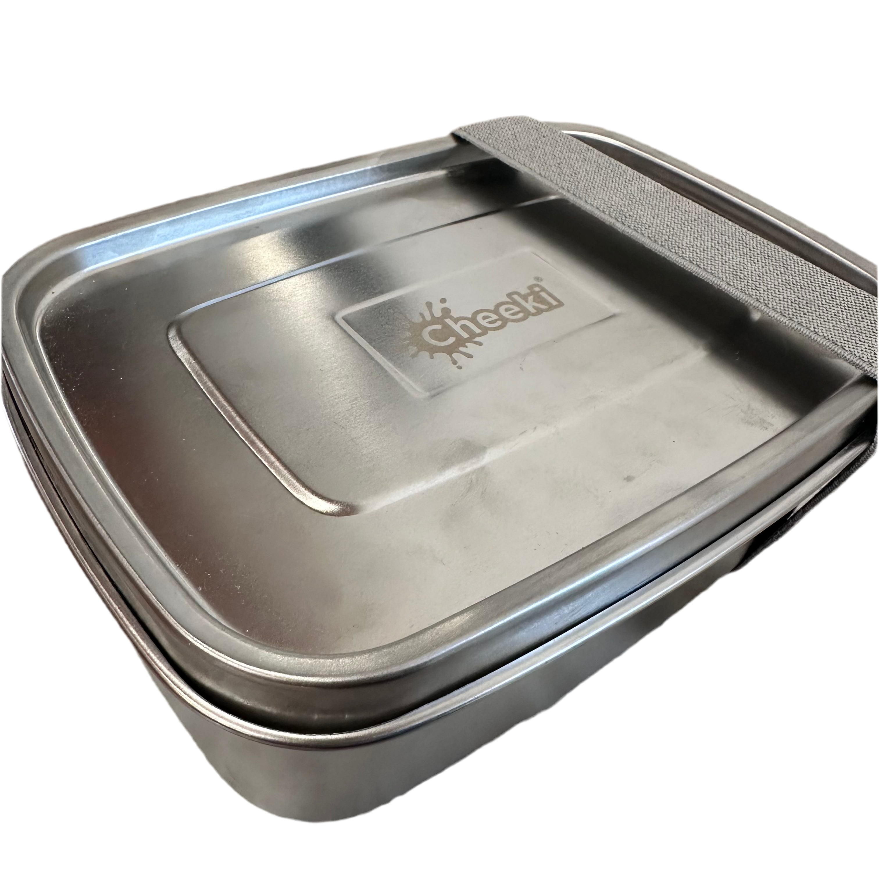 Stainless steel food container with lid on a white background