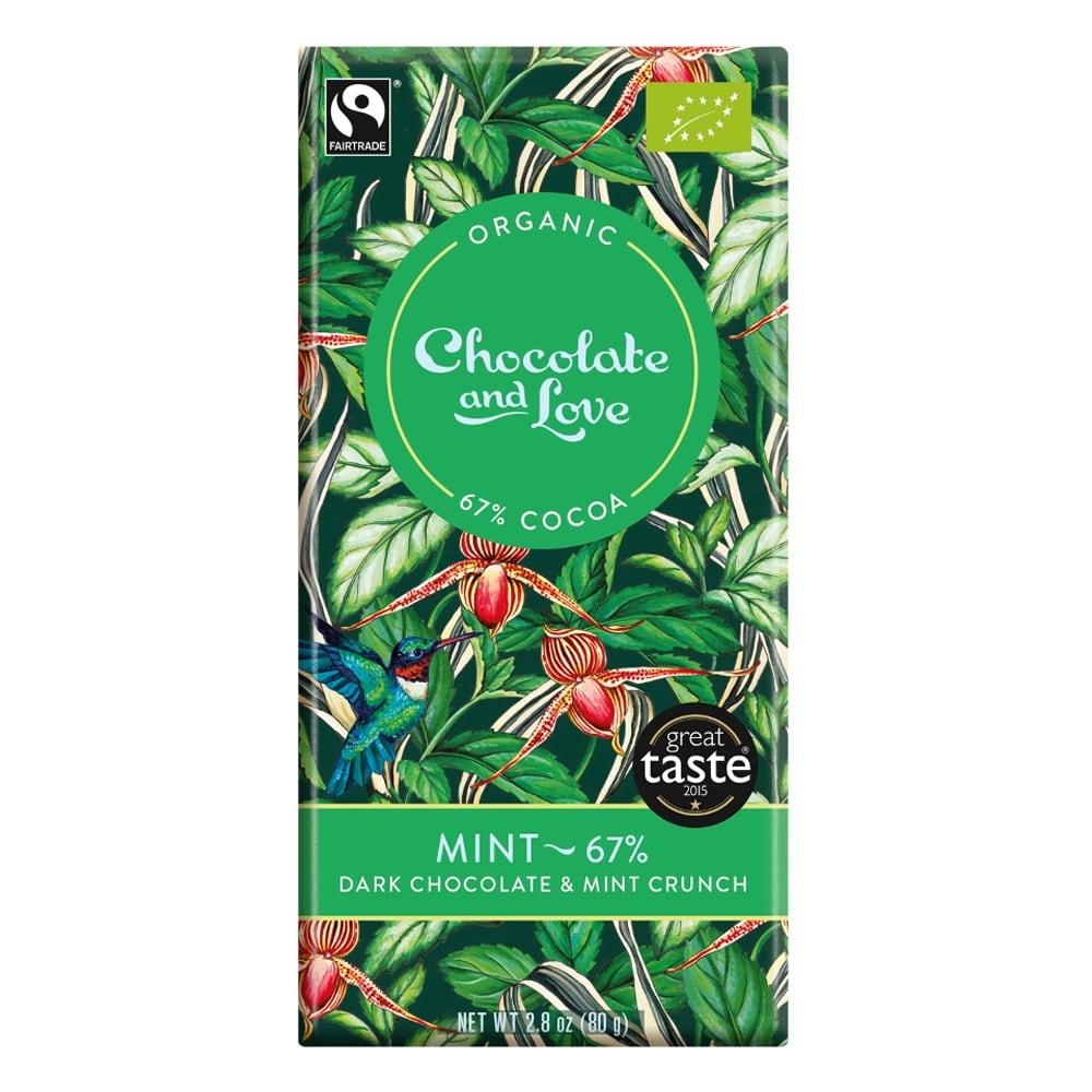 Chocolate and Love organic chocolate bar packaging with leaf design