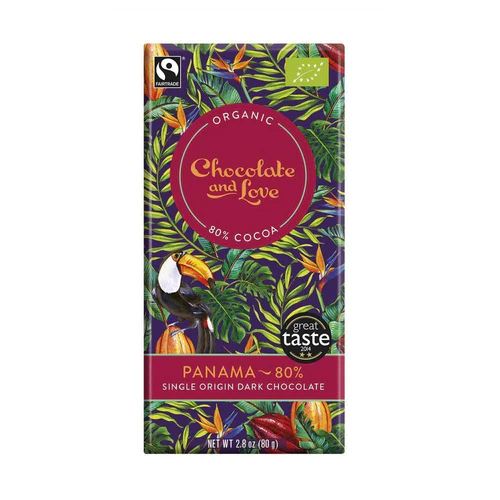 Chocolate and Love Panama 80% dark chocolate bar packaging with tropical leaf design