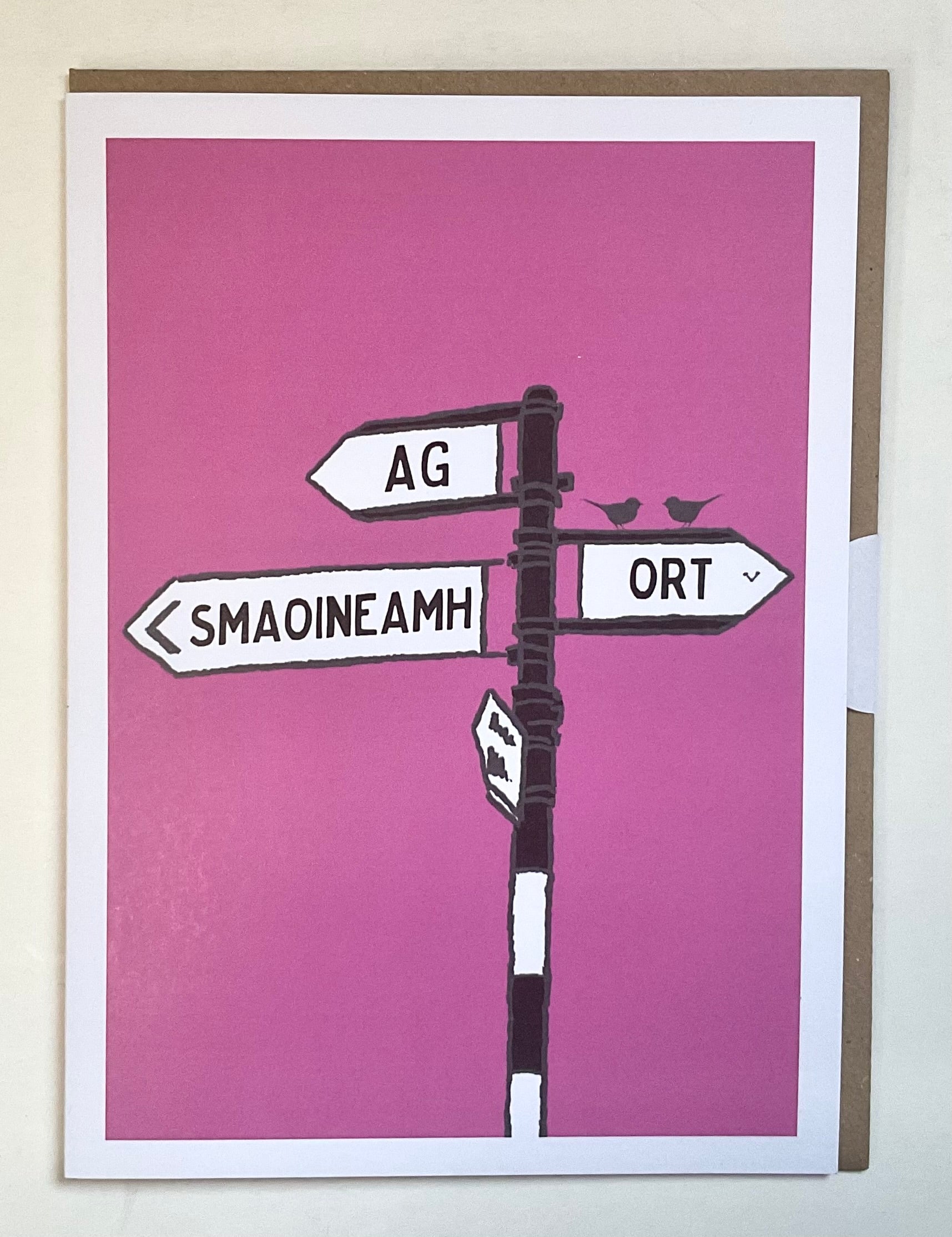 Card with a black and white street sign illustration on a pink background