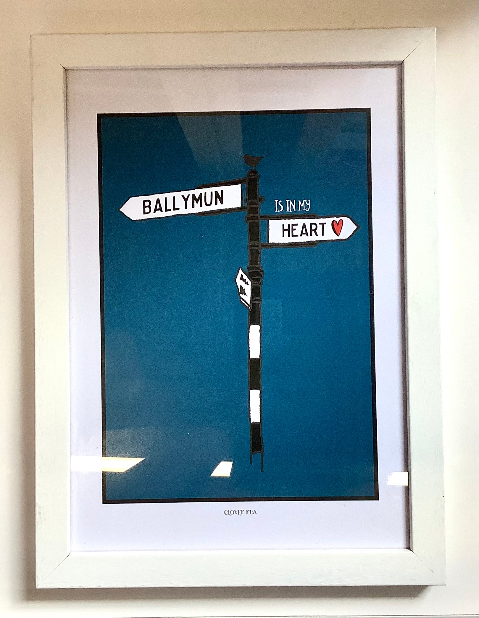 Framed artwork with street signs on a blue background