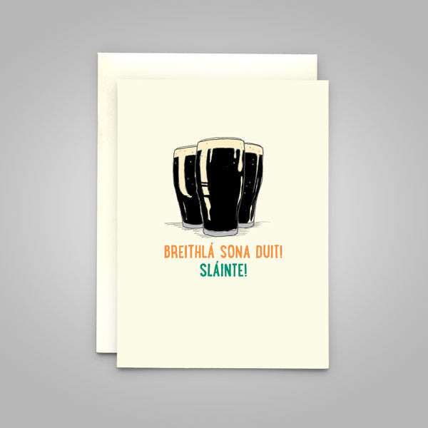 Greeting card with illustration of three black beers and text on a gray background