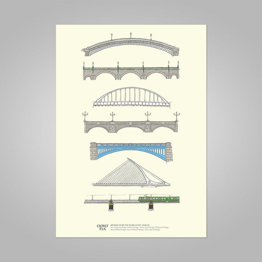 Illustration of various bridge designs on a light beige background