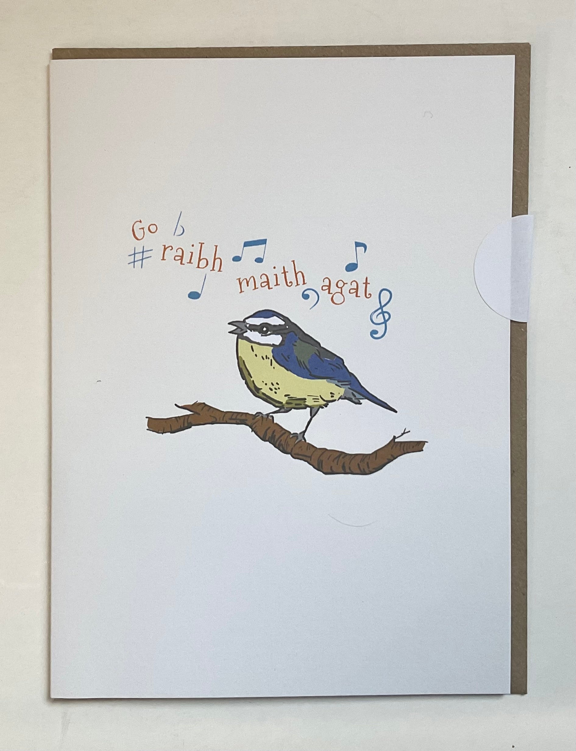 Card with a bird illustration and musical notes on a plain background