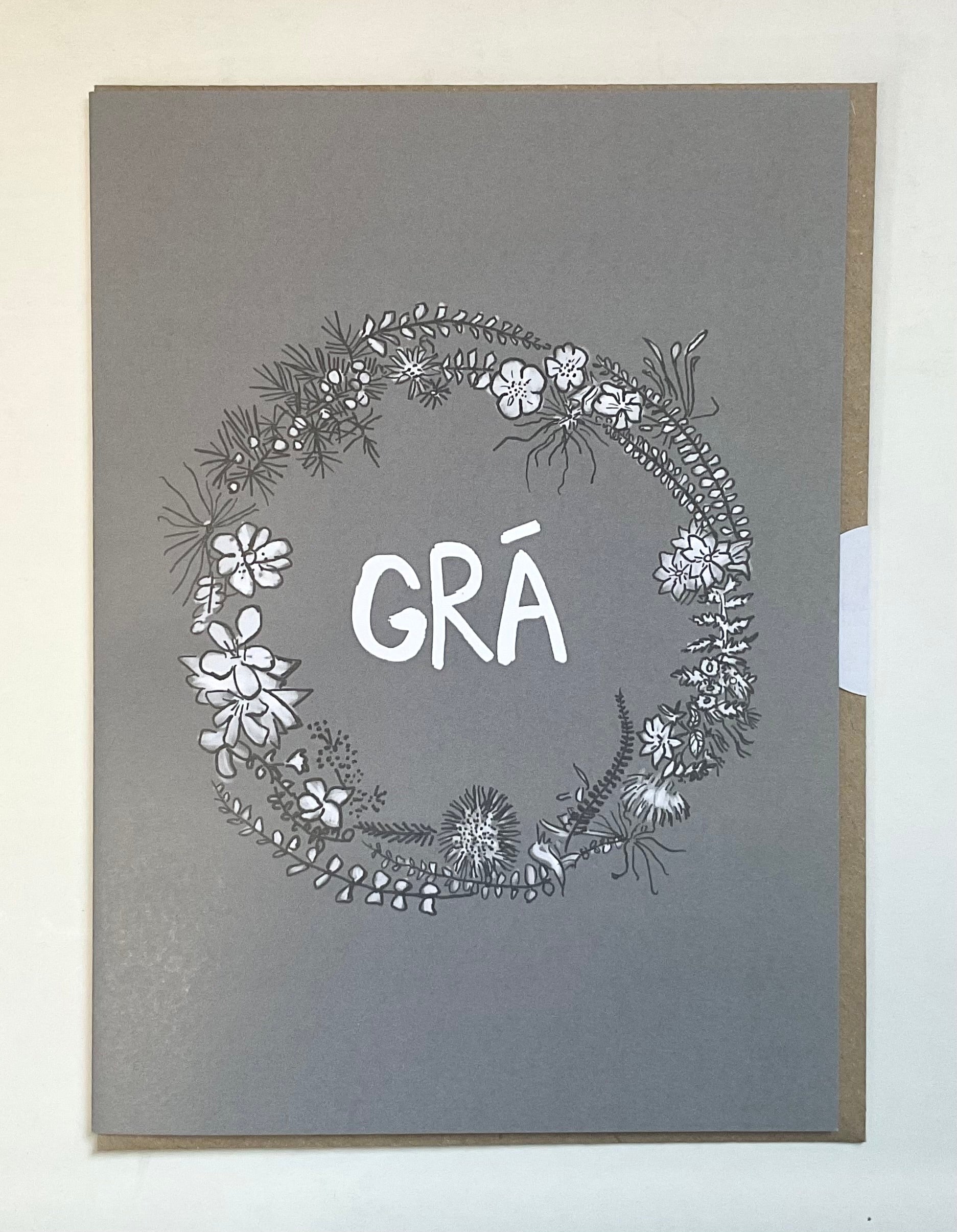Decorative card with floral wreath and 'GRÓ' text on a gray background