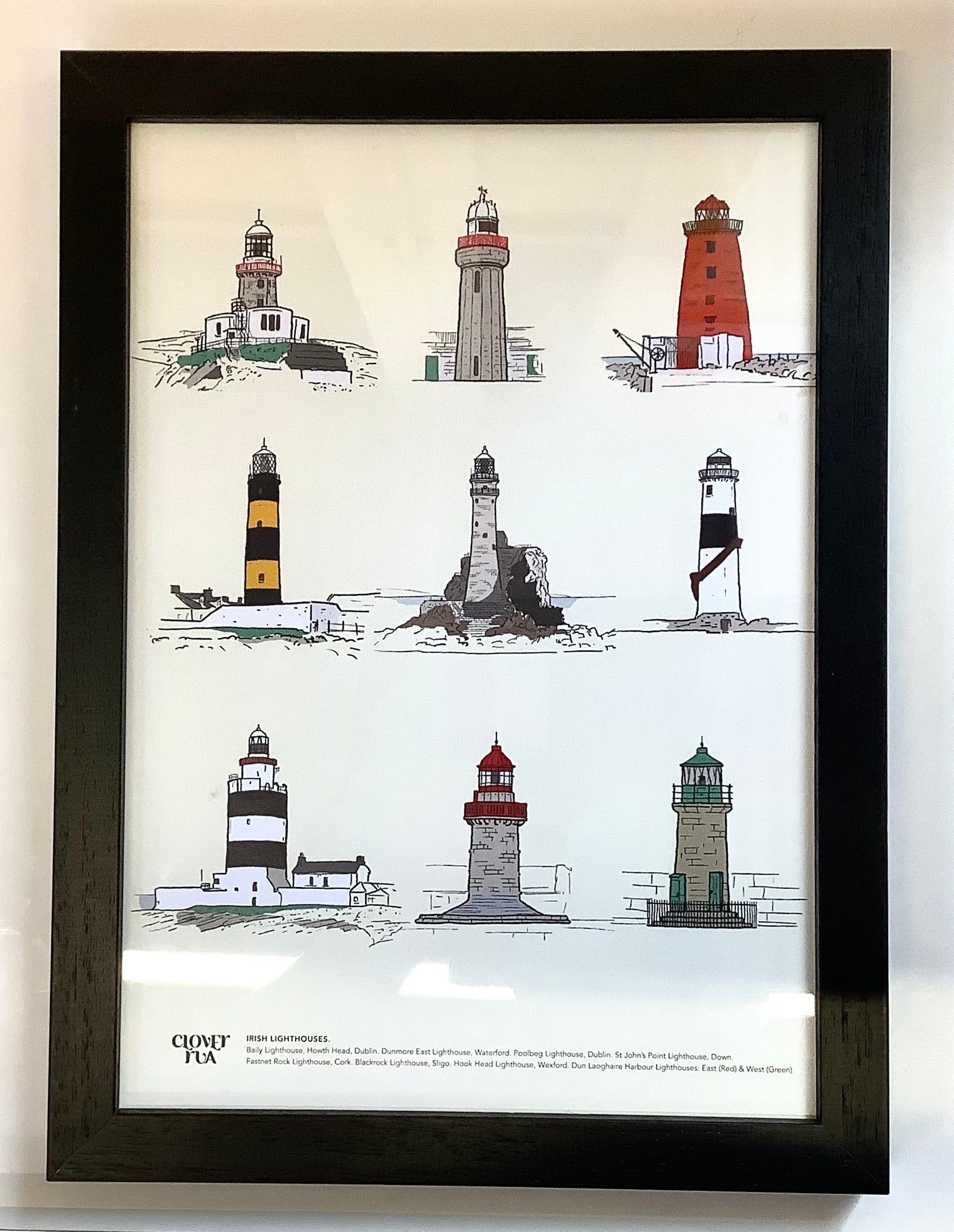 Framed artwork of various lighthouses on a white background