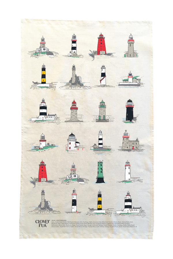 Illustrations of various lighthouses on a white background