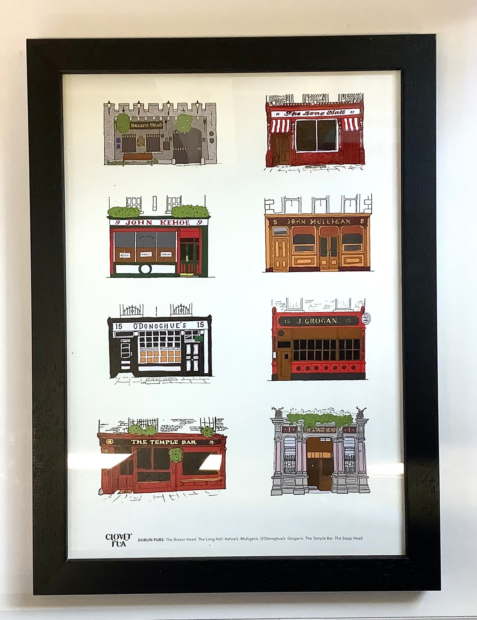 Framed print of illustrations of various pubs on a white background