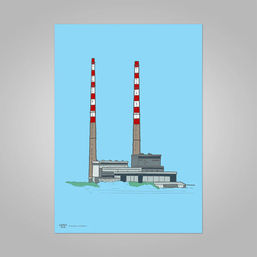 Illustration of a power plant with two tall red and white towers on a blue background.