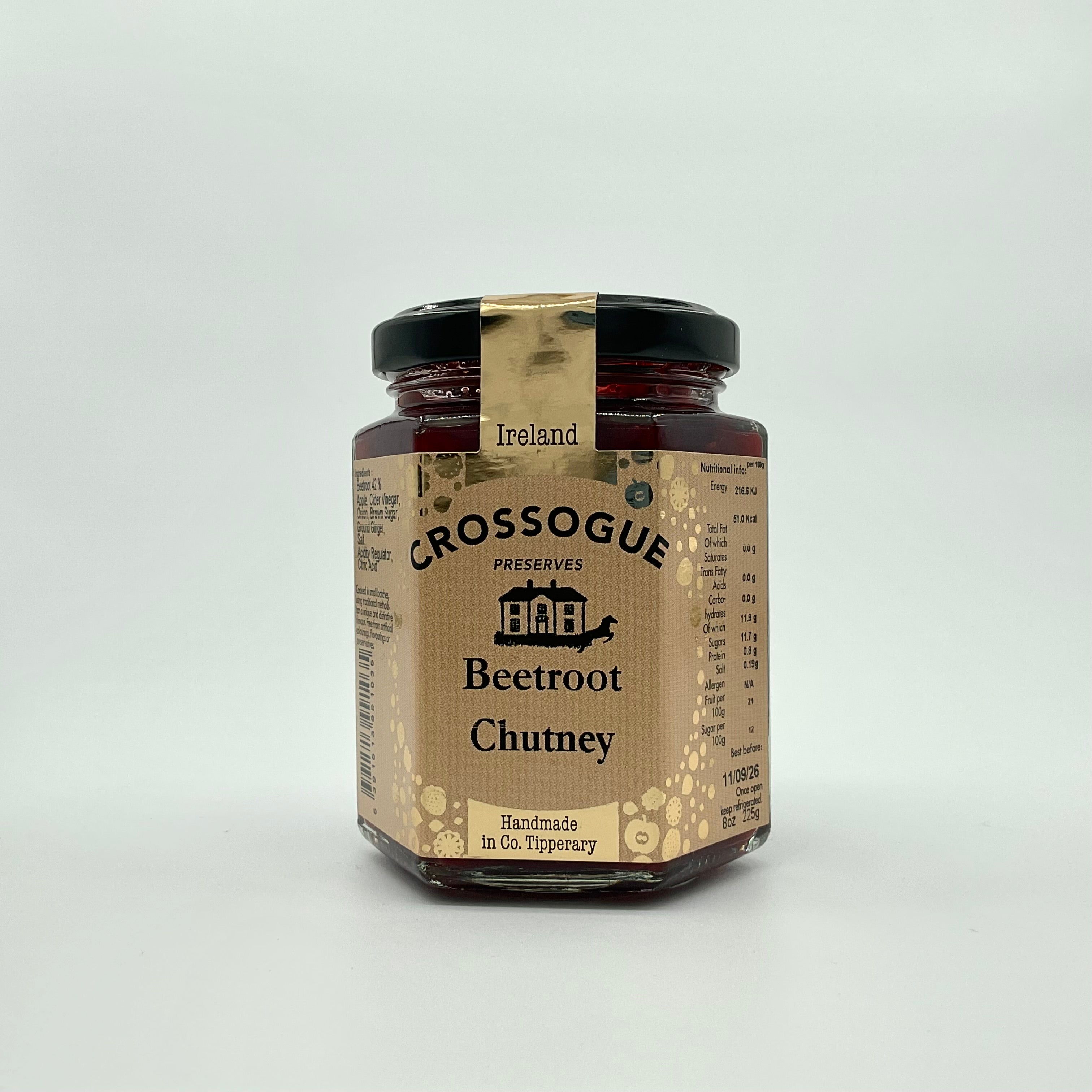 A jar of Crossogue Beetroot Chutney with a label that includes the brand name, product name, and a brief description. The jar is sealed and presented against a white background.