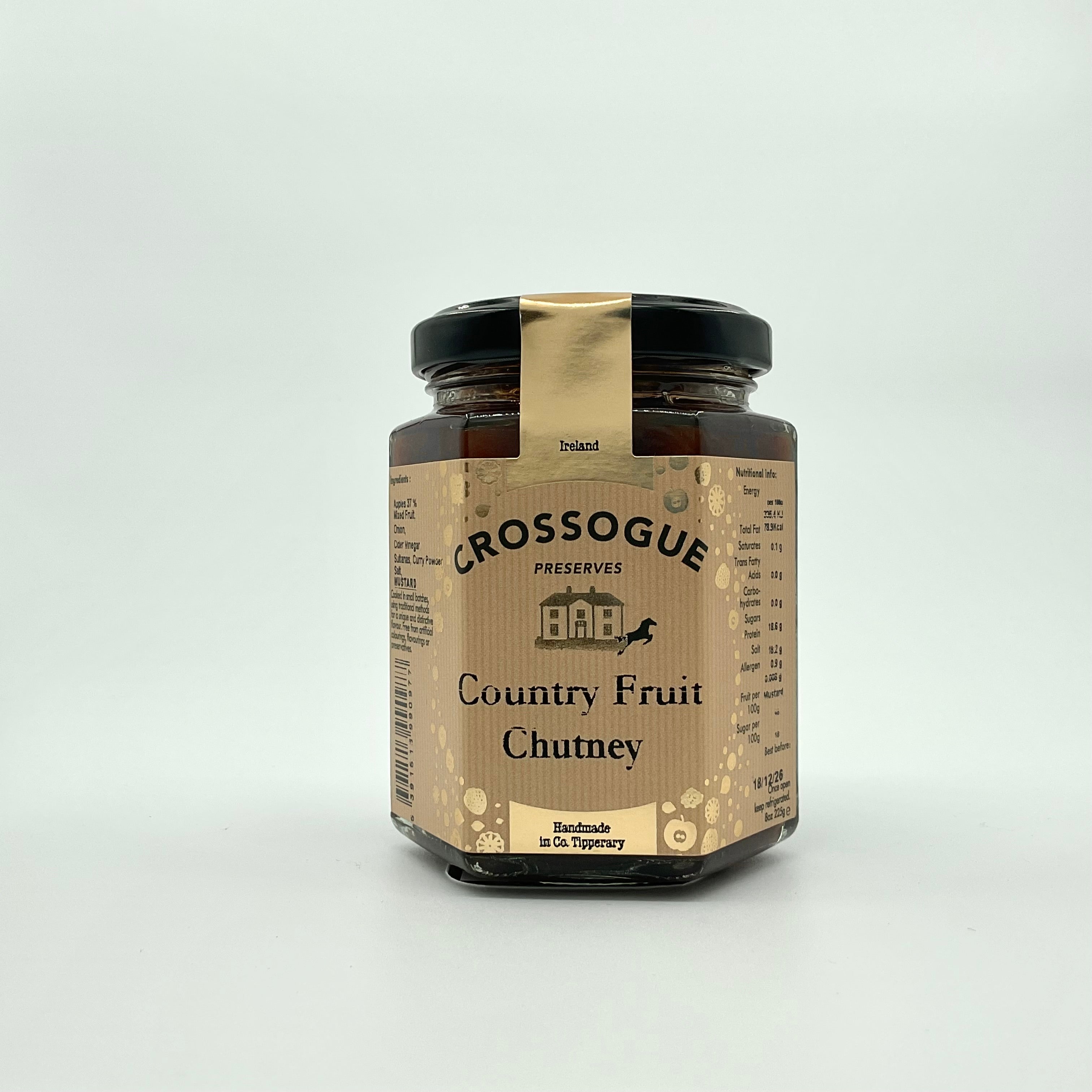 A jar of Crossogue Country Fruit Chutney with a label that includes the brand name, product name, and additional details such as 'BAB' and '100% Irish'.