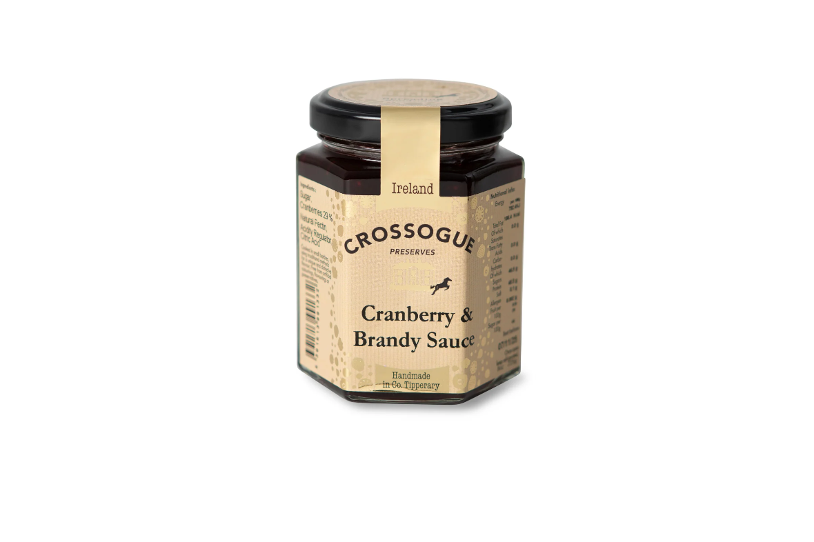 Jar of Crossogue Cranberry & Brandy Sauce on a white background