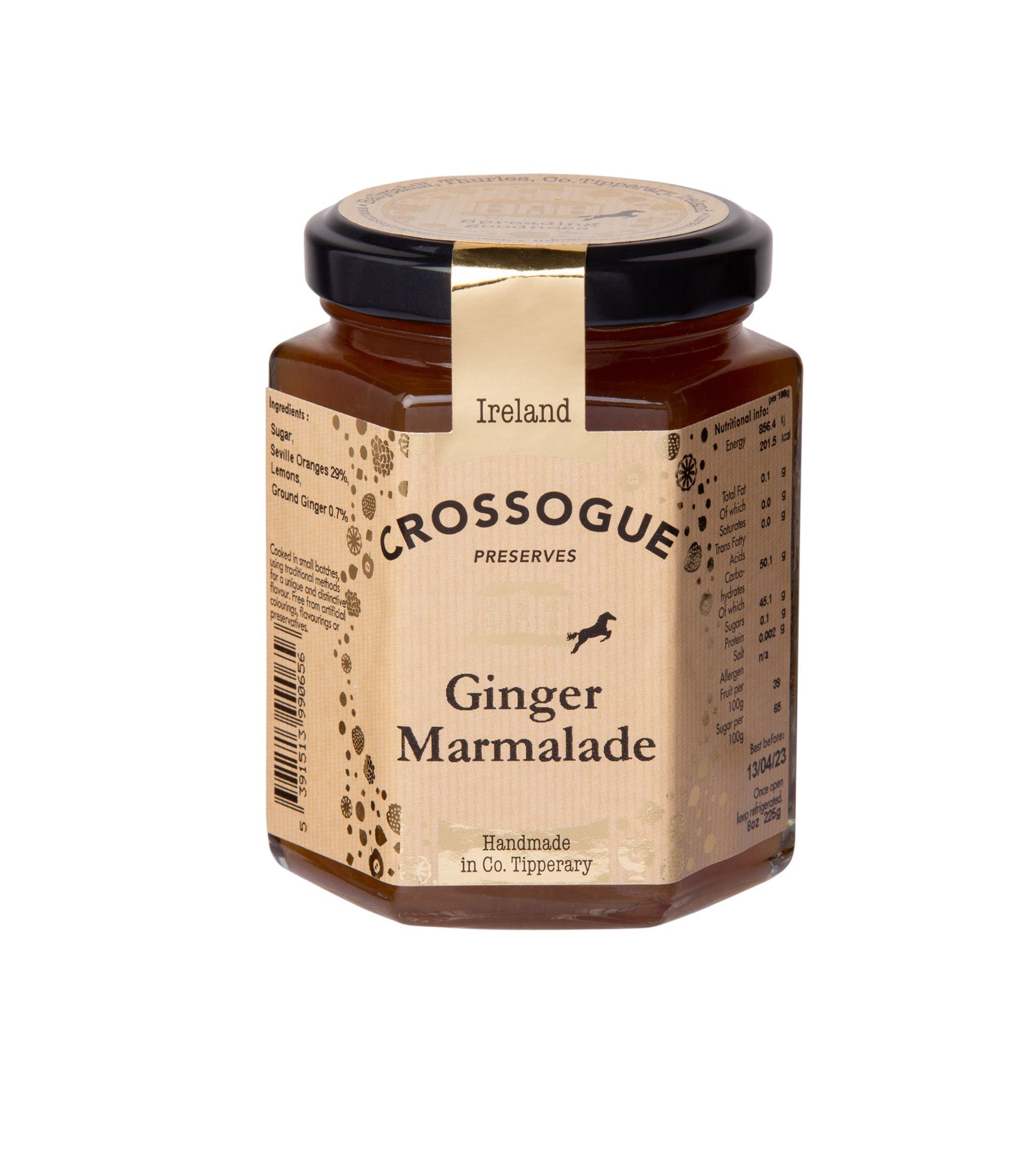 Jar of Crossogue Ginger Marmalade on a white background