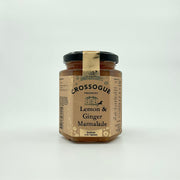 A jar of Crossogue Lemon & Ginger Marmalade with a label that includes the product name and a brief description.