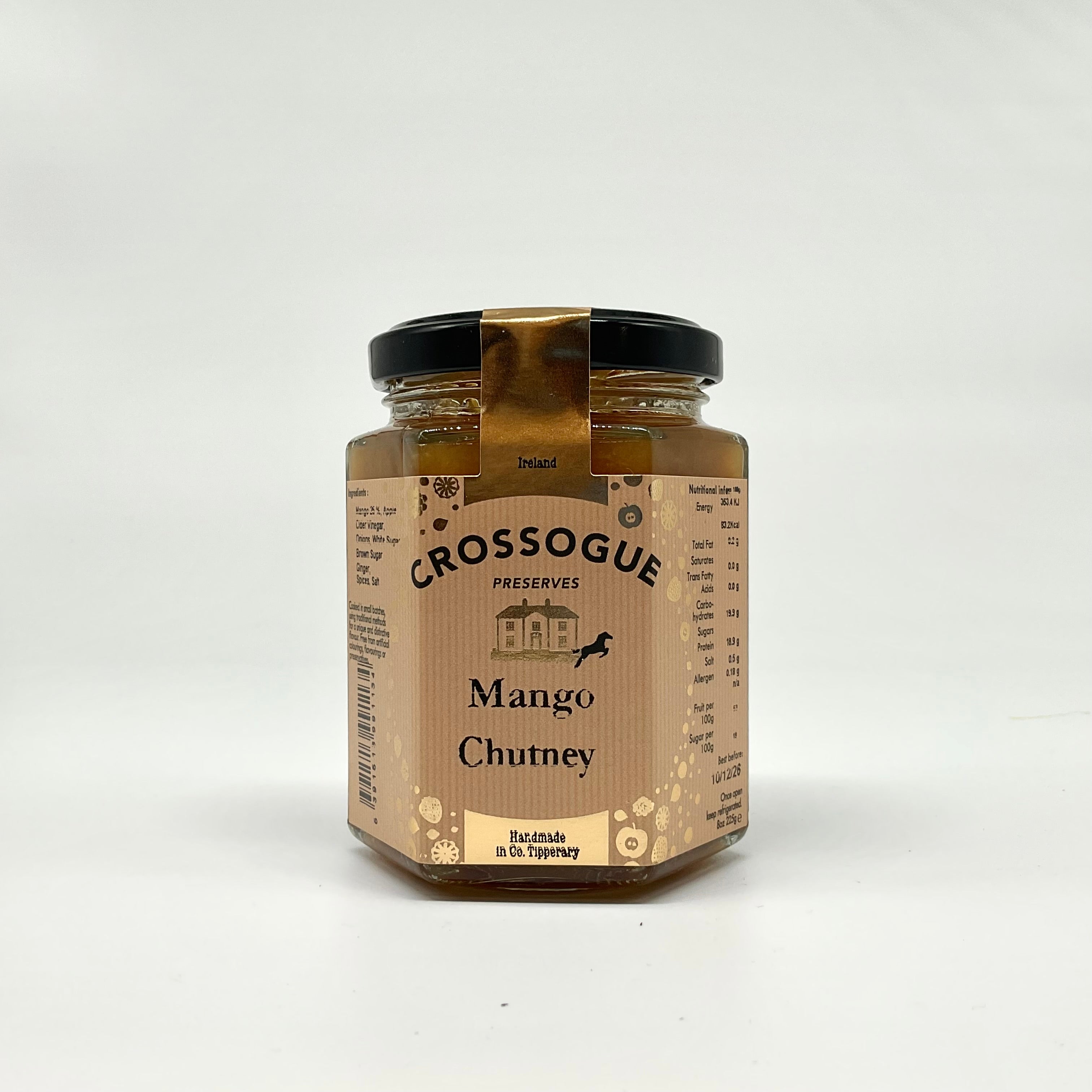 A jar of Crossogue Mango Chutney with a label that includes the product name and a description, set against a white background.